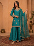 Sea Green (Teal) Handcrafted Slub Silk Sharara | Luxury Pret | 3-Piece