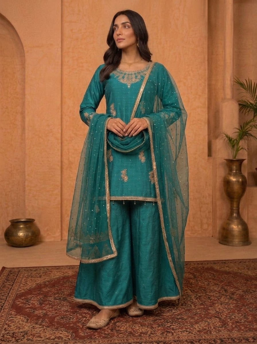 Sea Green (Teal) Handcrafted Slub Silk Sharara | Luxury Pret | 3-Piece