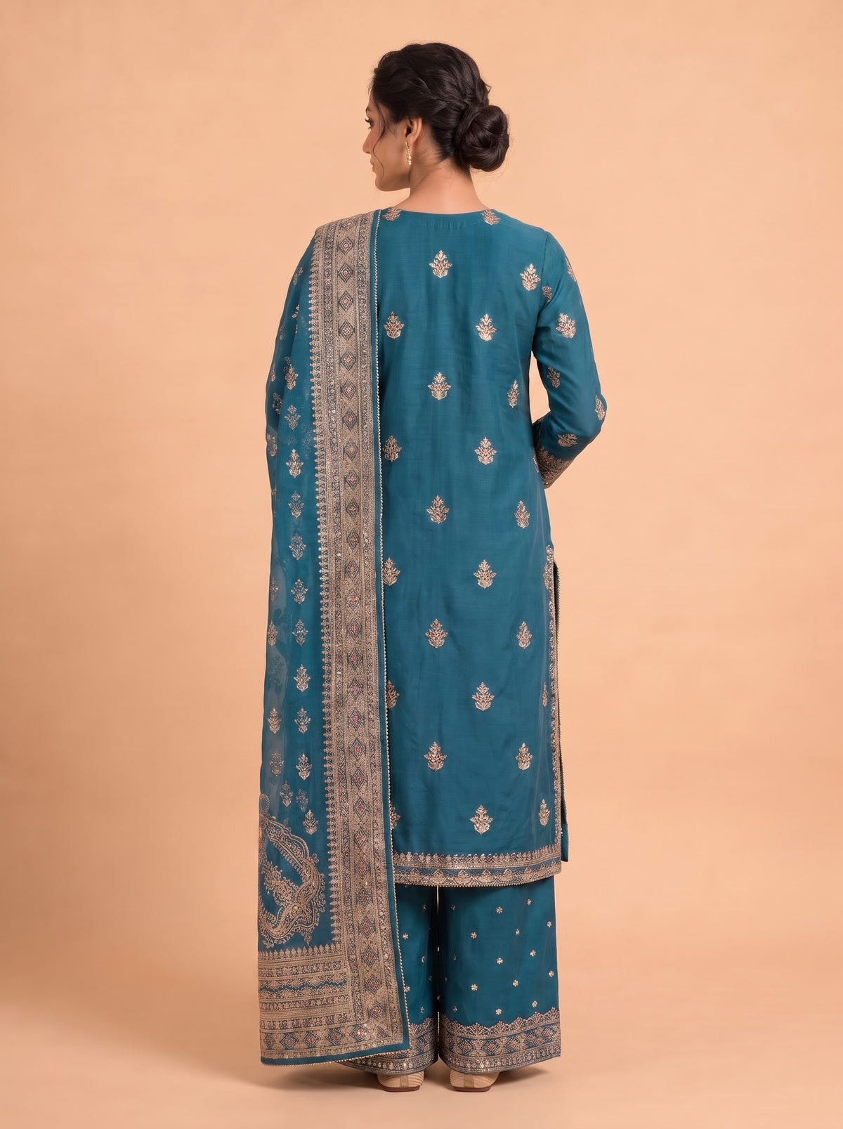 Embroidered Pure Cotton 3-Piece Suit | Flared Palazzo & Digital Print Chiffon Dupatta |Teal Blue (Zinc)