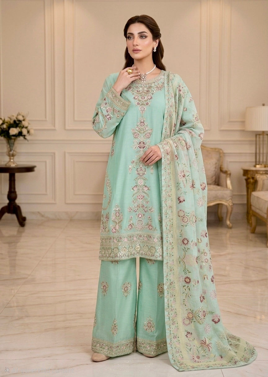 Embroidered Pure Cotton 3-Piece Suit | Tilla & Sequin Work with Digital Print Dupatta & Palazzo