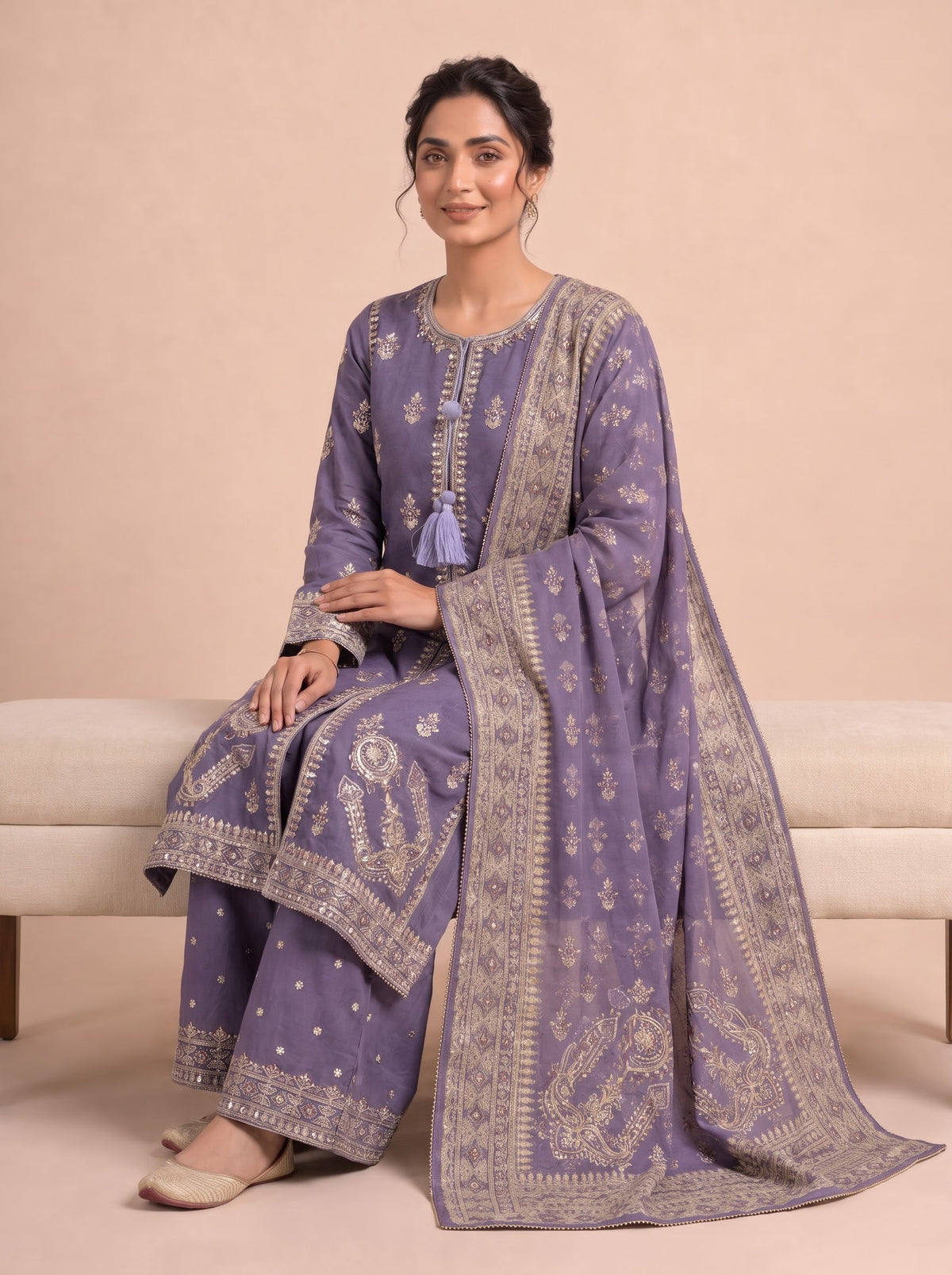 Embroidered Pure Cotton 3-Piece Suit | Flared Palazzo & Digital Print Chiffon Dupatta
