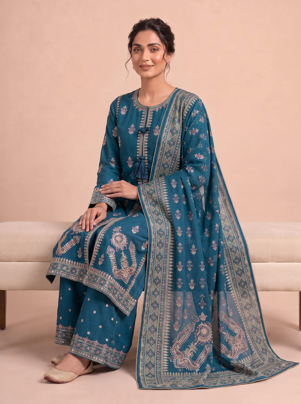 Embroidered Pure Cotton 3-Piece Suit | Flared Palazzo & Digital Print Chiffon Dupatta |Teal Blue (Zinc)