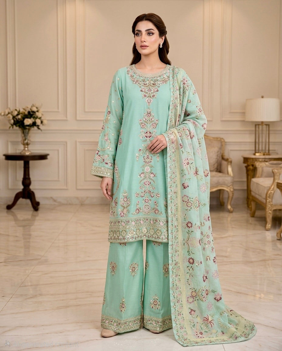 Embroidered Pure Cotton 3-Piece Suit | Tilla & Sequin Work with Digital Print Dupatta & Palazzo