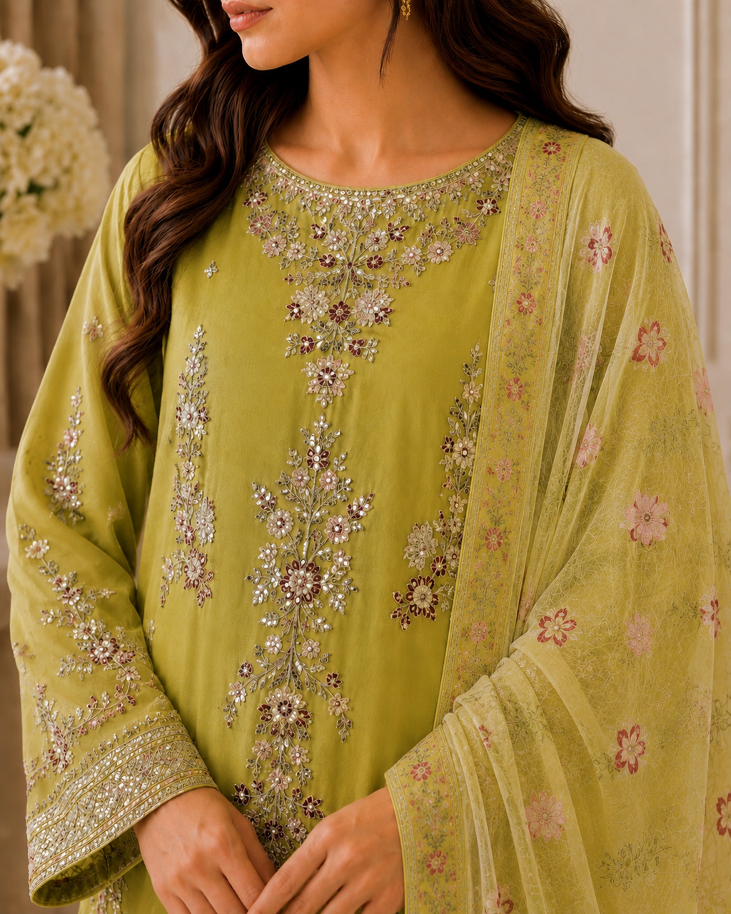 Embroidered Pure Cotton 3-Piece Suit | Tilla & Sequin Work with Digital Print Dupatta & Palazzo
