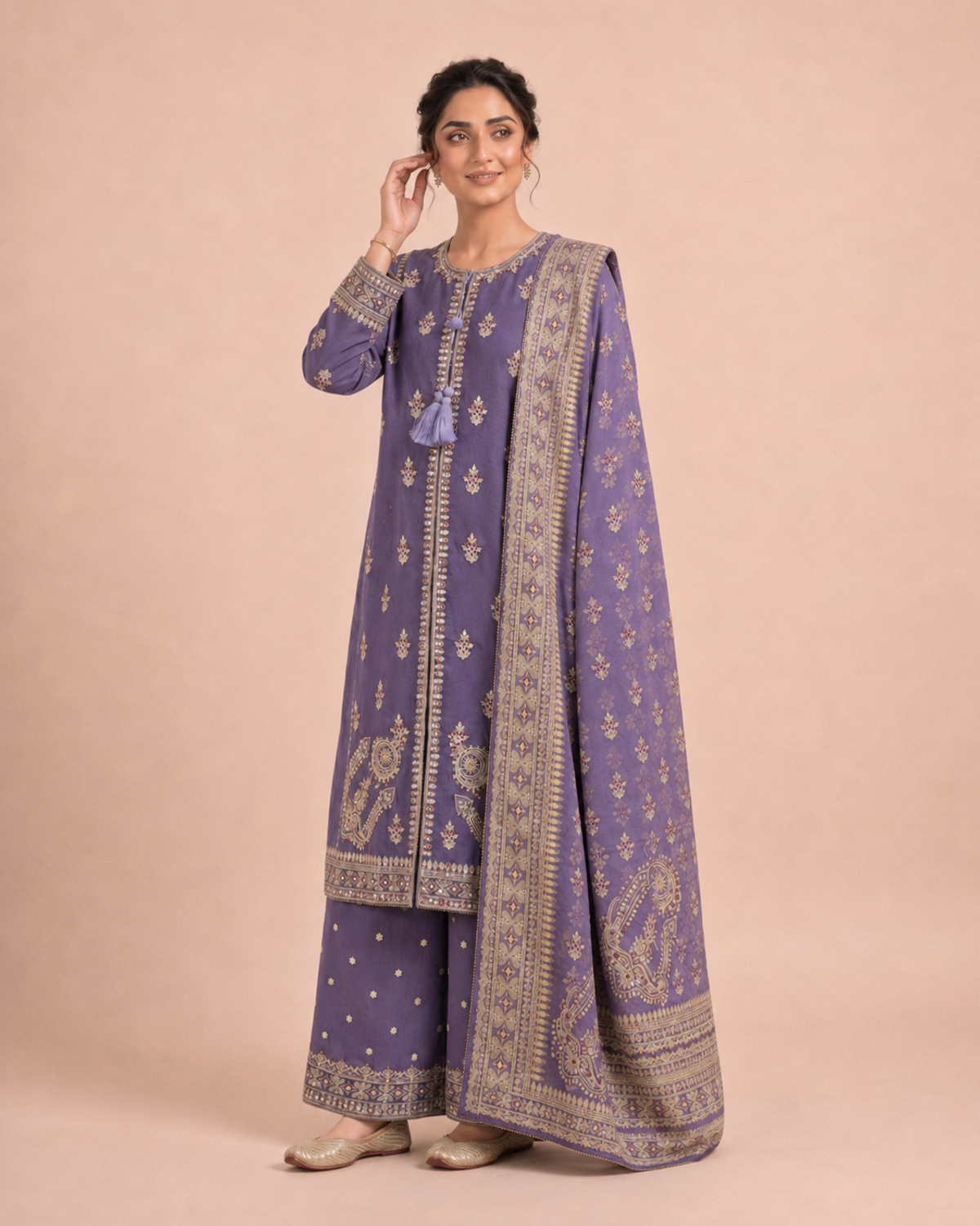 Embroidered Pure Cotton 3-Piece Suit | Flared Palazzo & Digital Print Chiffon Dupatta