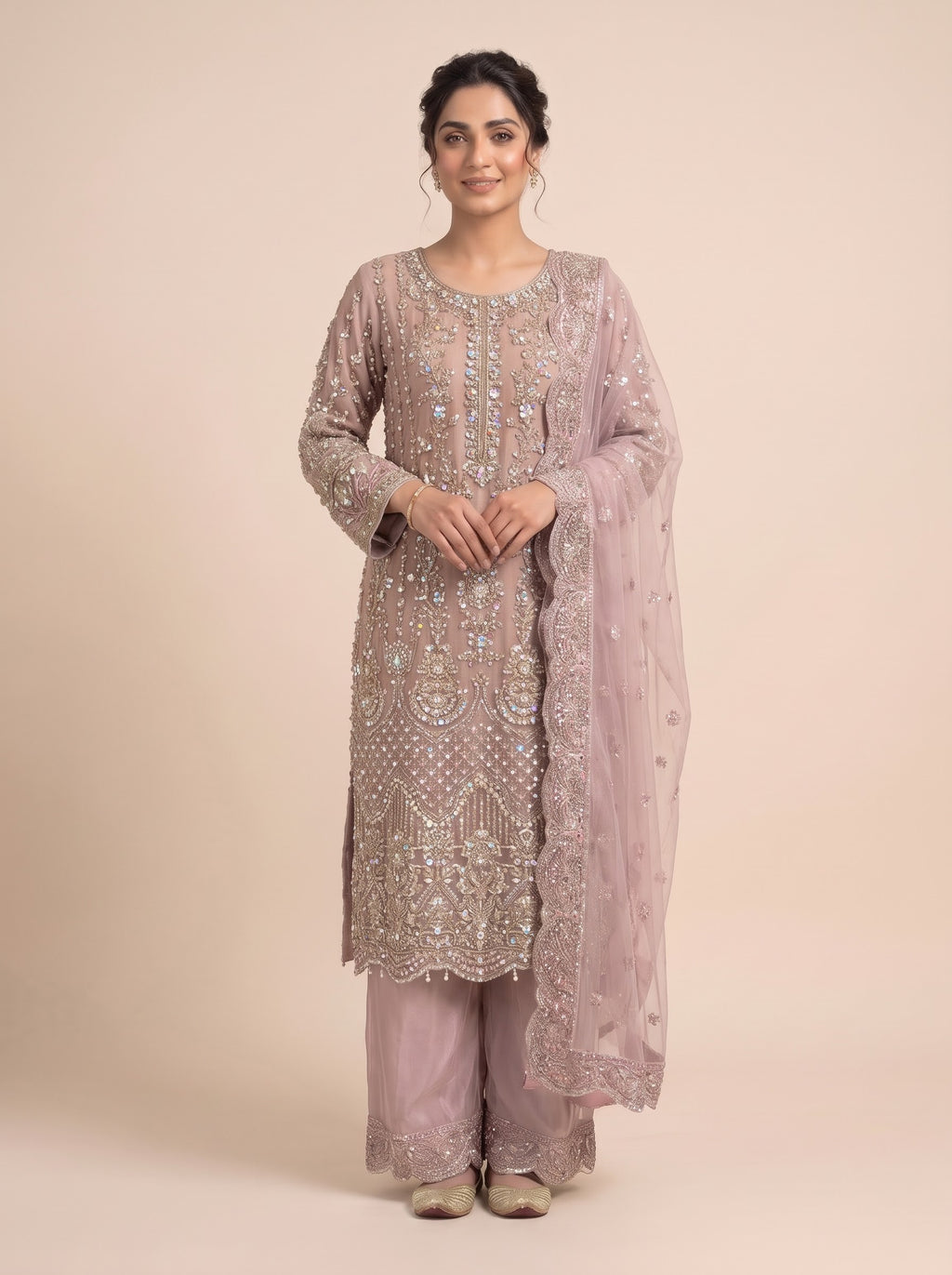 Dusty Rose (Tea Pink) Heavily Hand-Embroidered Chiffon 3-Piece Suit | Raw Silk Palazzo & Net Scalloped Dupatta⁠