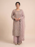 Dusty Rose (Tea Pink) Heavily Hand-Embroidered Chiffon 3-Piece Suit | Raw Silk Palazzo & Net Scalloped Dupatta⁠