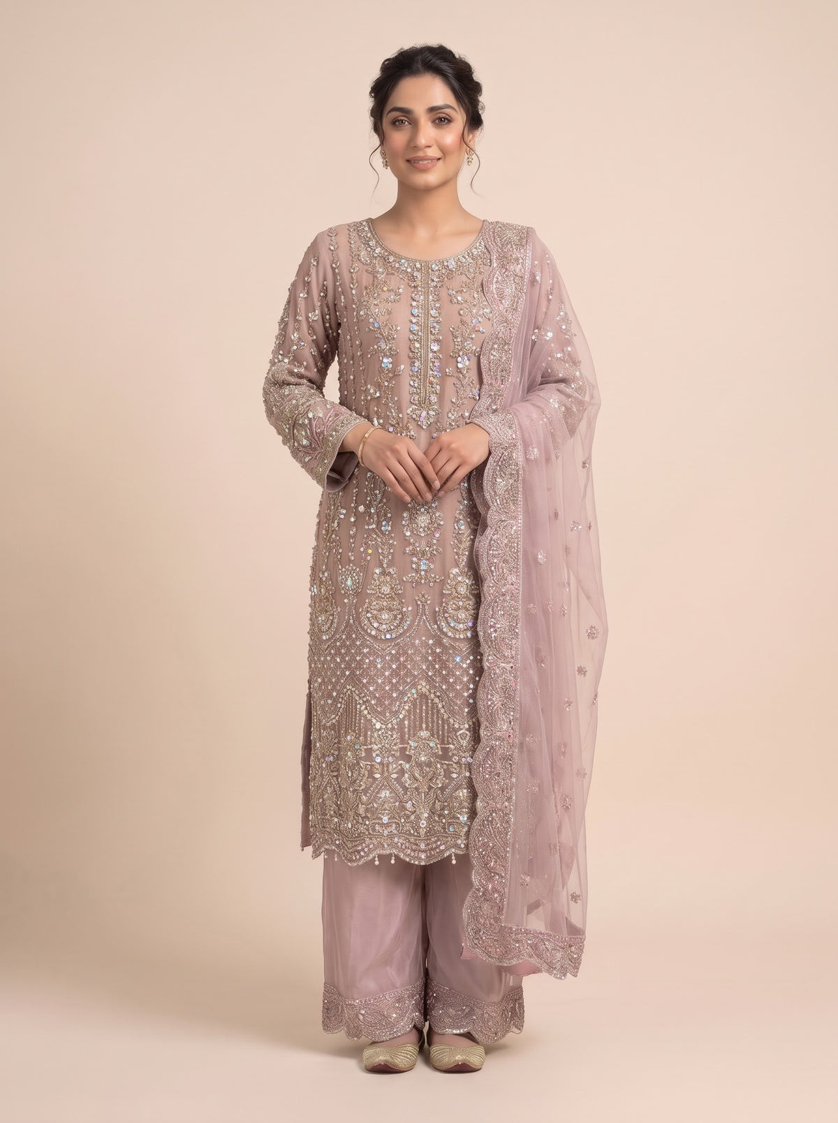 Dusty Rose (Tea Pink) Heavily Hand-Embroidered Chiffon 3-Piece Suit | Raw Silk Palazzo & Net Scalloped Dupatta⁠