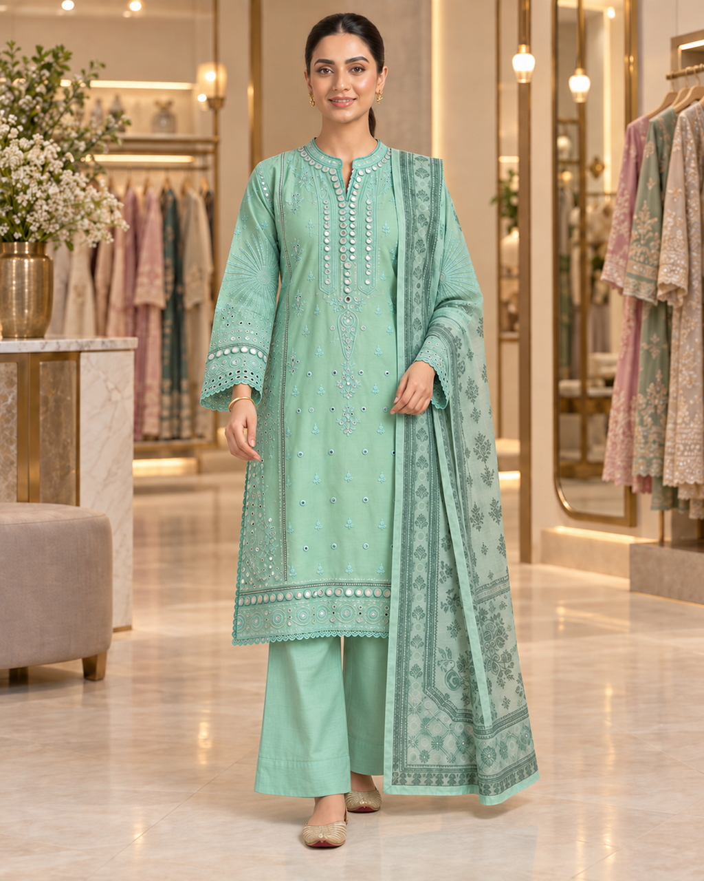 Mirror Work Embroidered Pure Cotton 3-Piece Suit | Digital Print Chiffon Dupatta | Mint Green