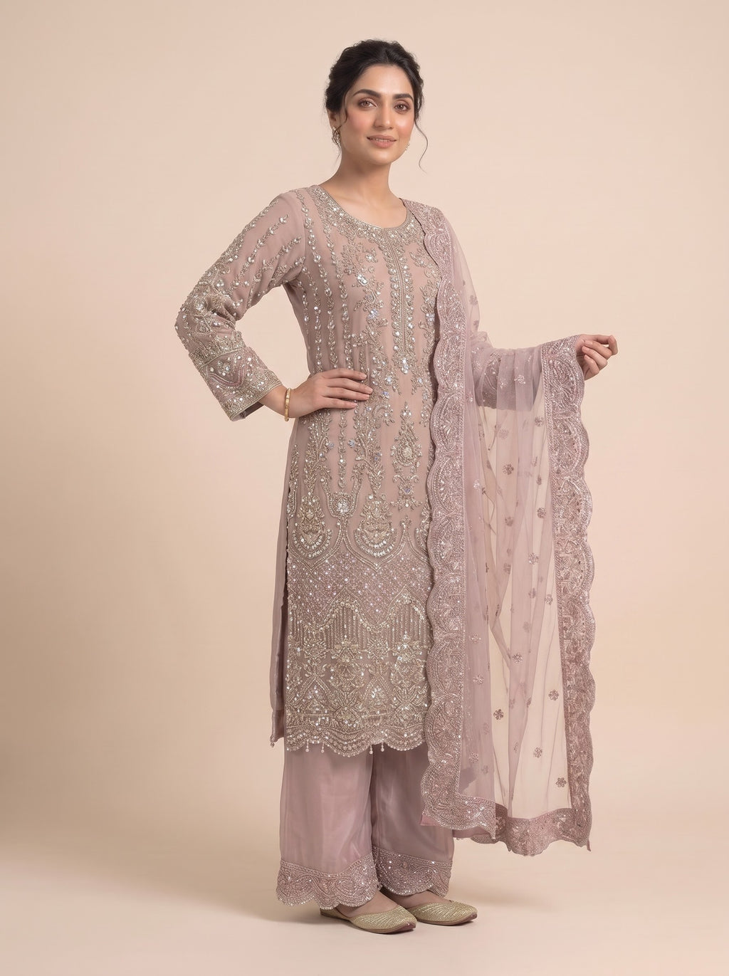 Dusty Rose (Tea Pink) Heavily Hand-Embroidered Chiffon 3-Piece Suit | Raw Silk Palazzo & Net Scalloped Dupatta⁠