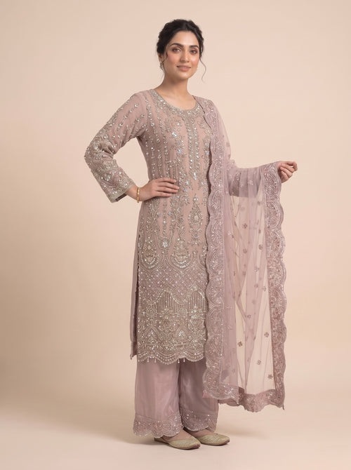Dusty Rose (Tea Pink) Heavily Hand-Embroidered Chiffon 3-Piece Suit | Raw Silk Palazzo & Net Scalloped Dupatta⁠
