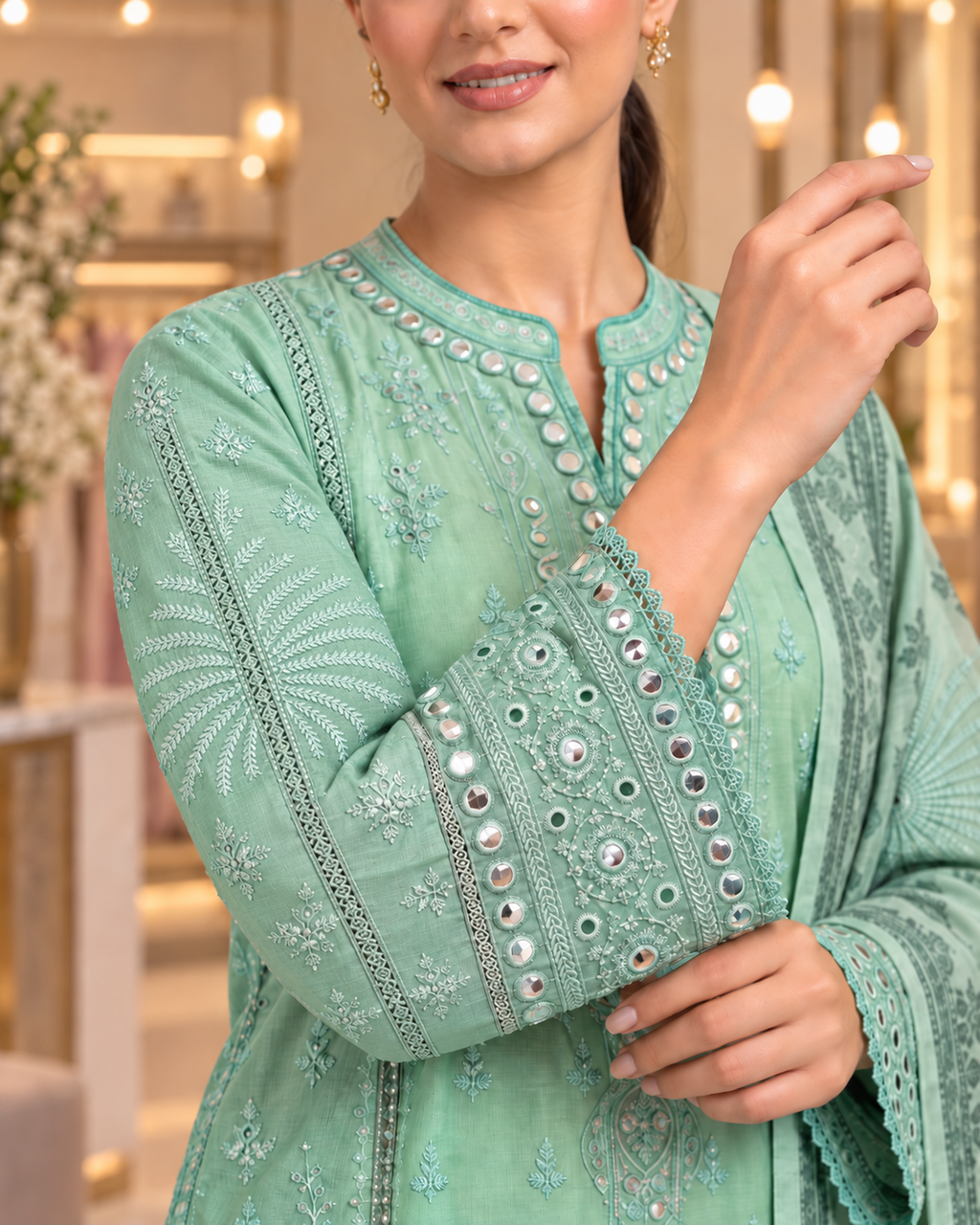Mirror Work Embroidered Pure Cotton 3-Piece Suit | Digital Print Chiffon Dupatta | Mint Green