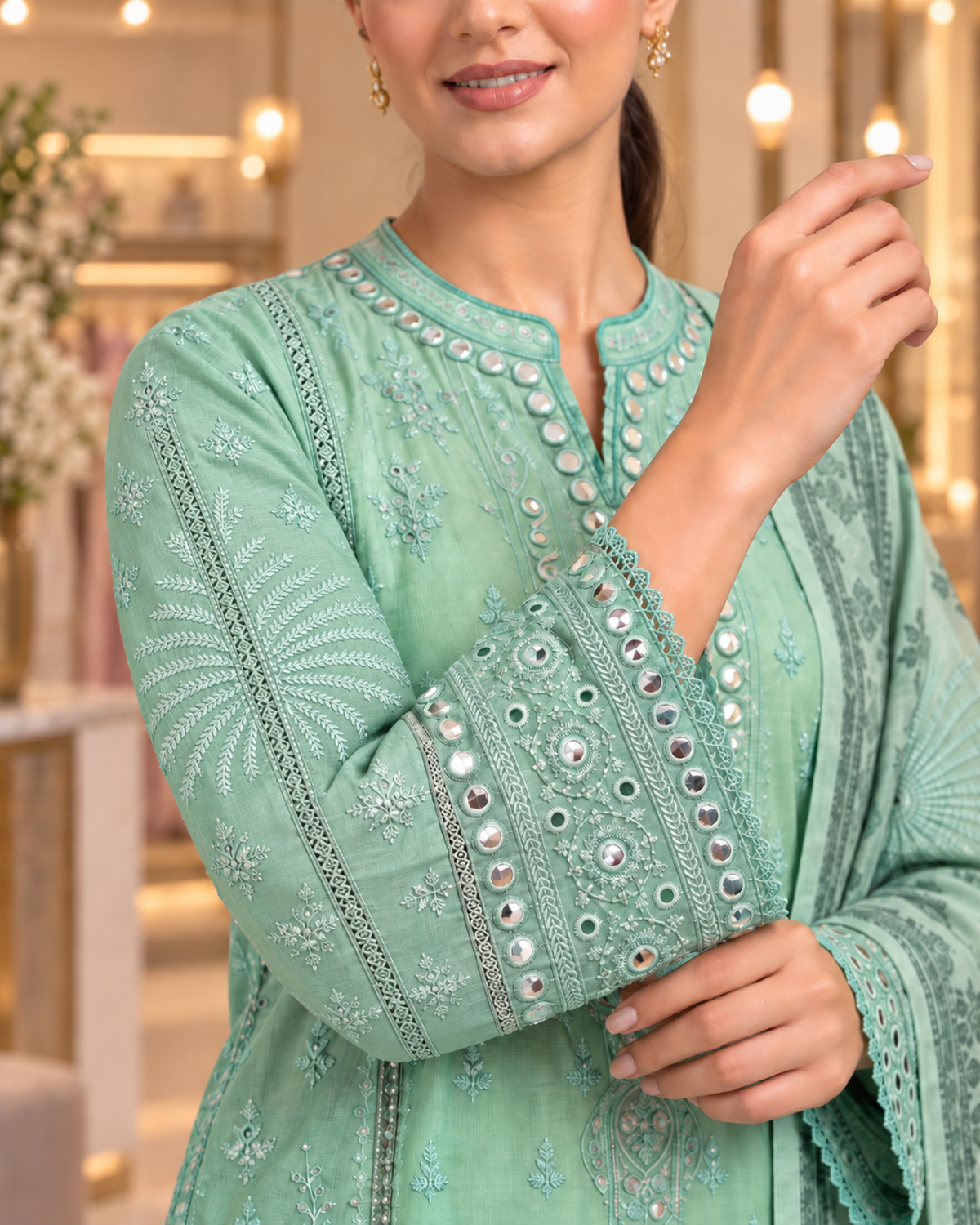Mirror Work Embroidered Pure Cotton 3-Piece Suit | Digital Print Chiffon Dupatta | Mint Green