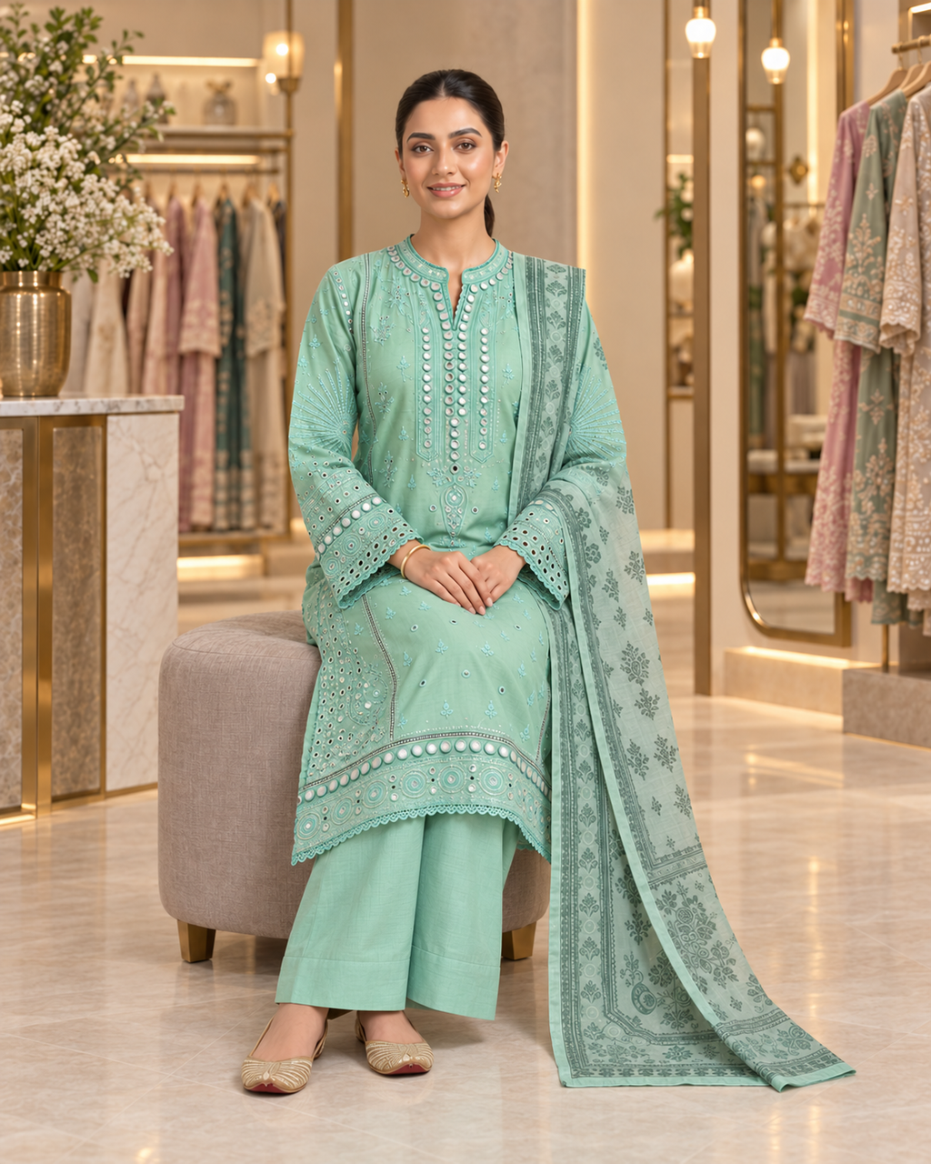 Mirror Work Embroidered Pure Cotton 3-Piece Suit | Digital Print Chiffon Dupatta | Mint Green