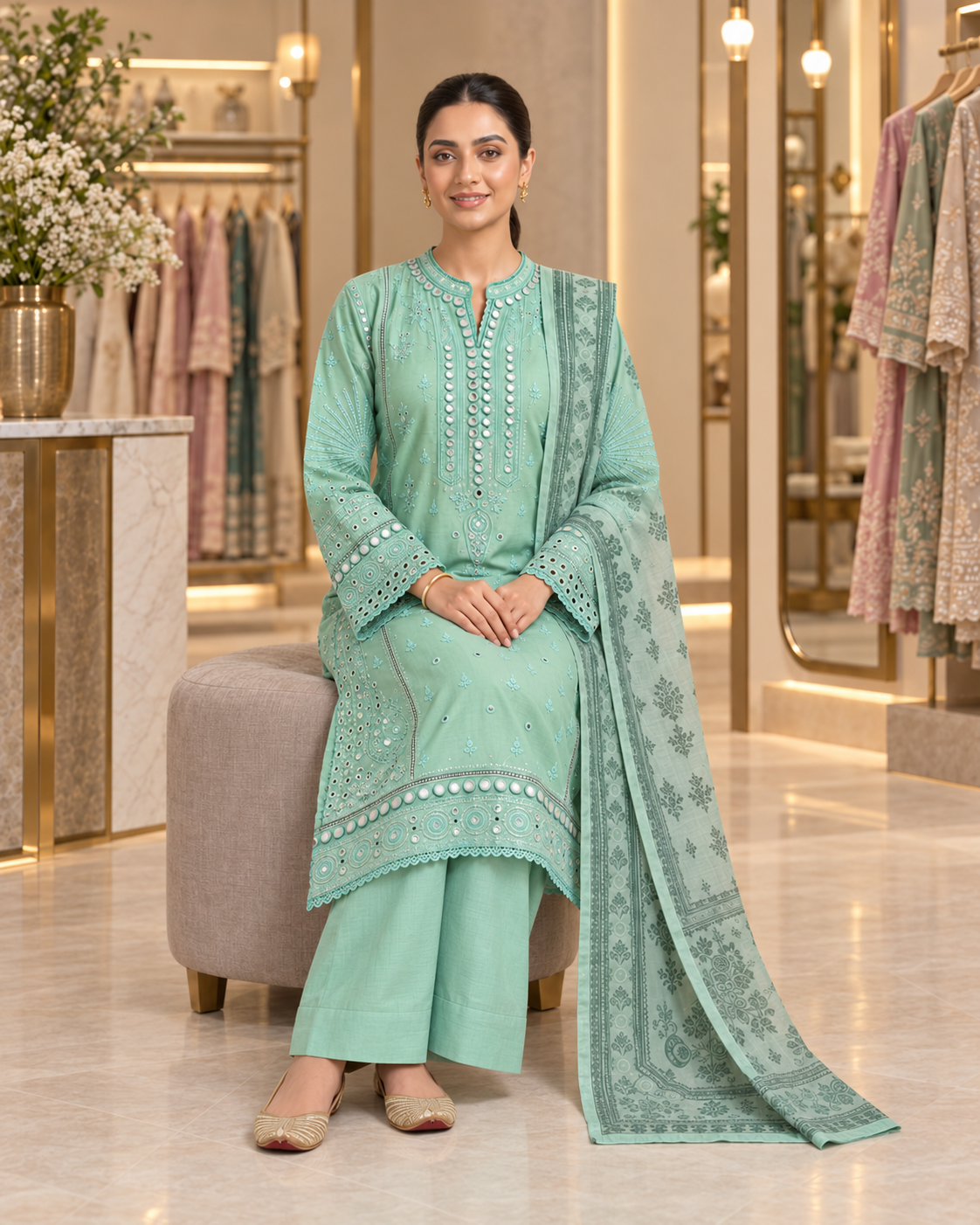 Mirror Work Embroidered Pure Cotton 3-Piece Suit | Digital Print Chiffon Dupatta | Mint Green