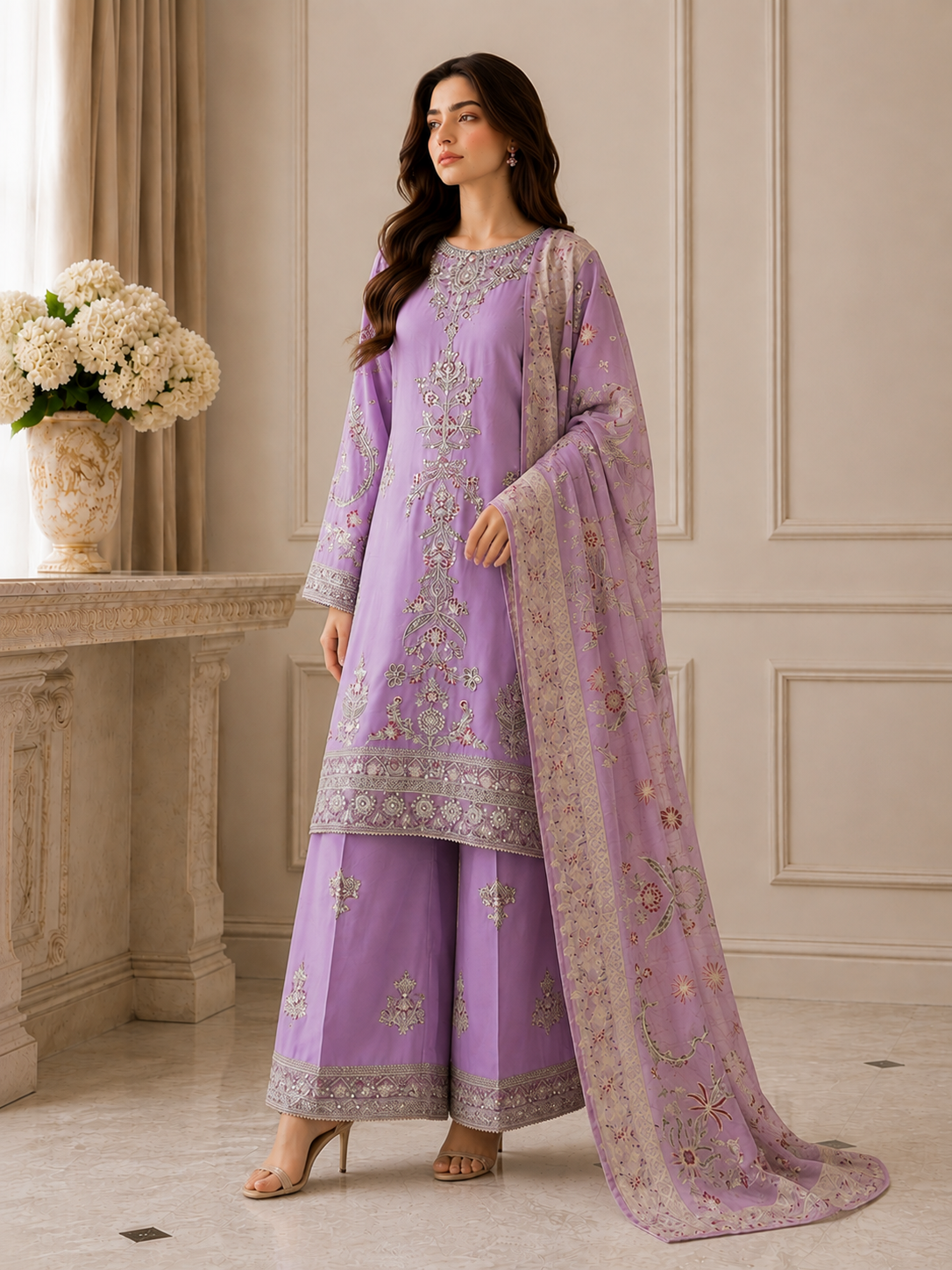 Embroidered Pure Cotton 3-Piece Suit | Tilla & Sequin Work with Digital Print Dupatta & Palazzo
