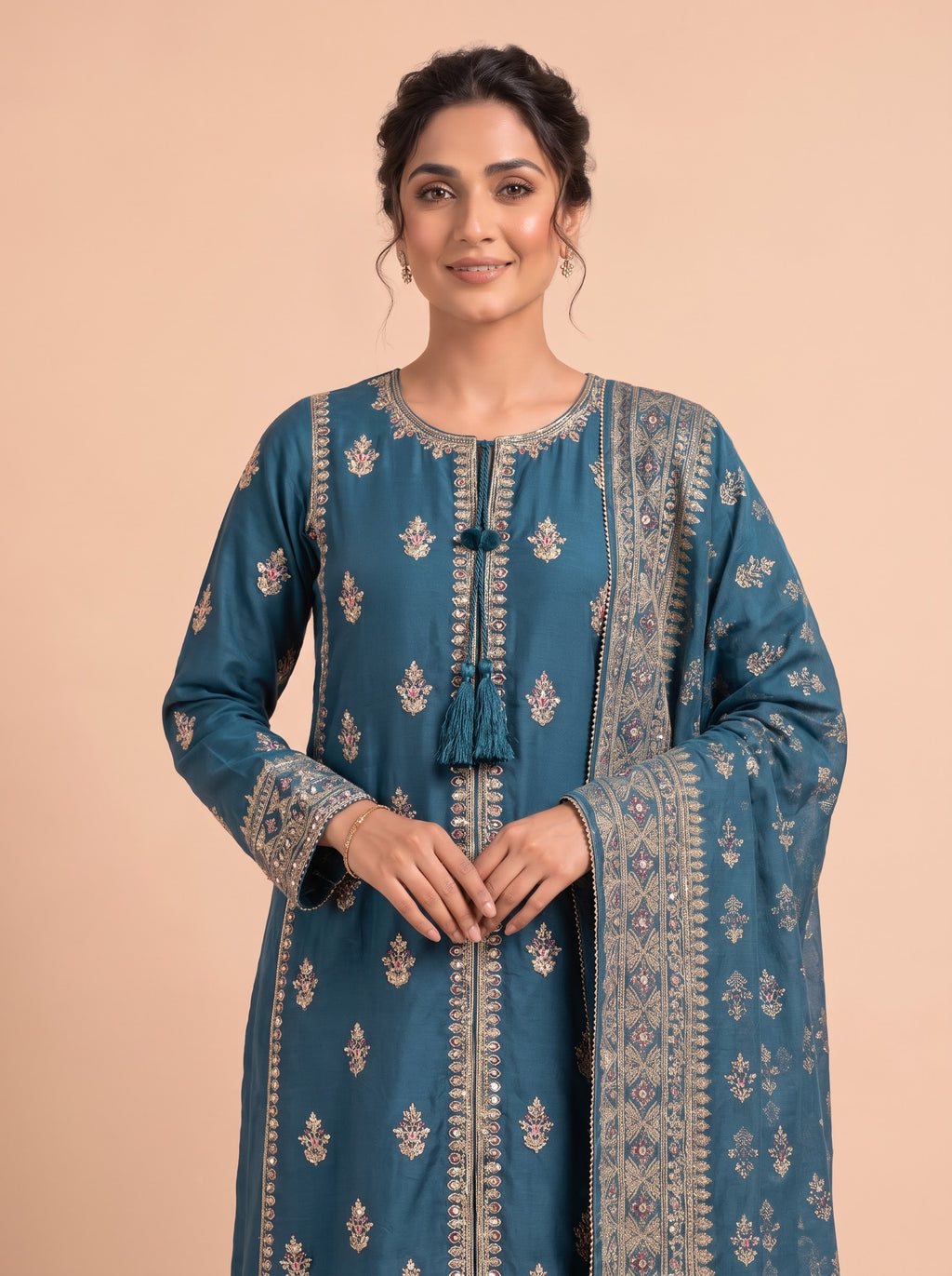 Embroidered Pure Cotton 3-Piece Suit | Flared Palazzo & Digital Print Chiffon Dupatta |Teal Blue (Zinc)