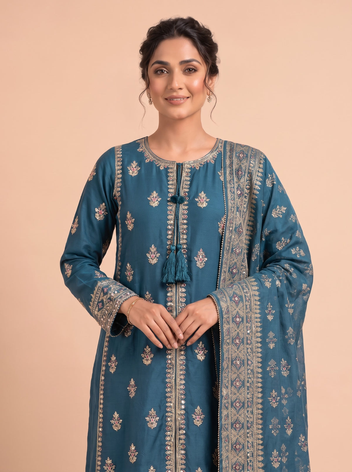 Embroidered Pure Cotton 3-Piece Suit | Flared Palazzo & Digital Print Chiffon Dupatta |Teal Blue (Zinc)