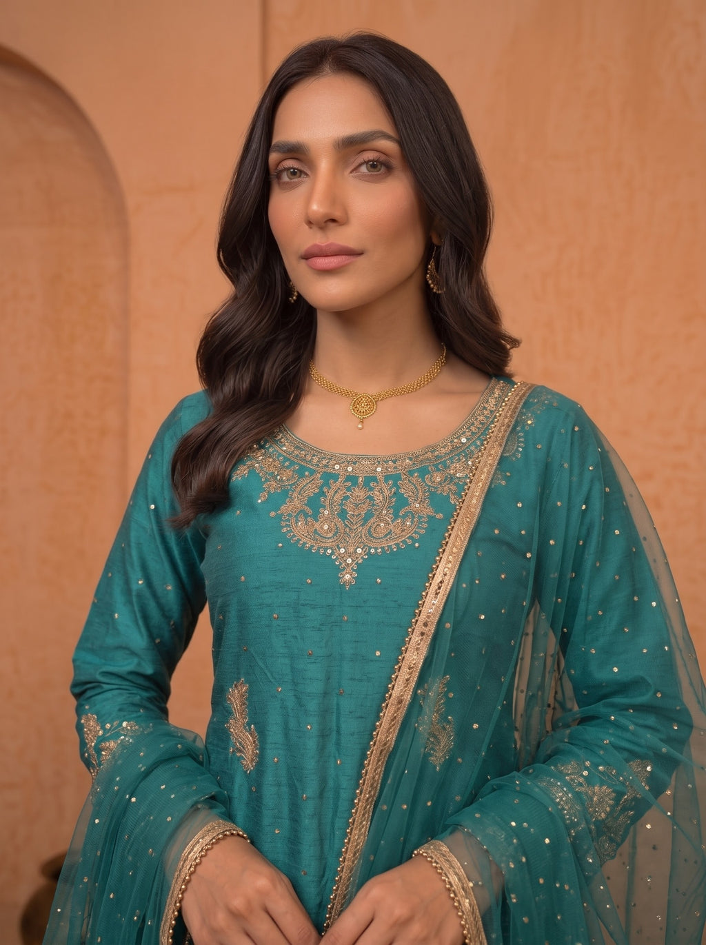 Sea Green (Teal) Handcrafted Slub Silk Sharara | Luxury Pret | 3-Piece