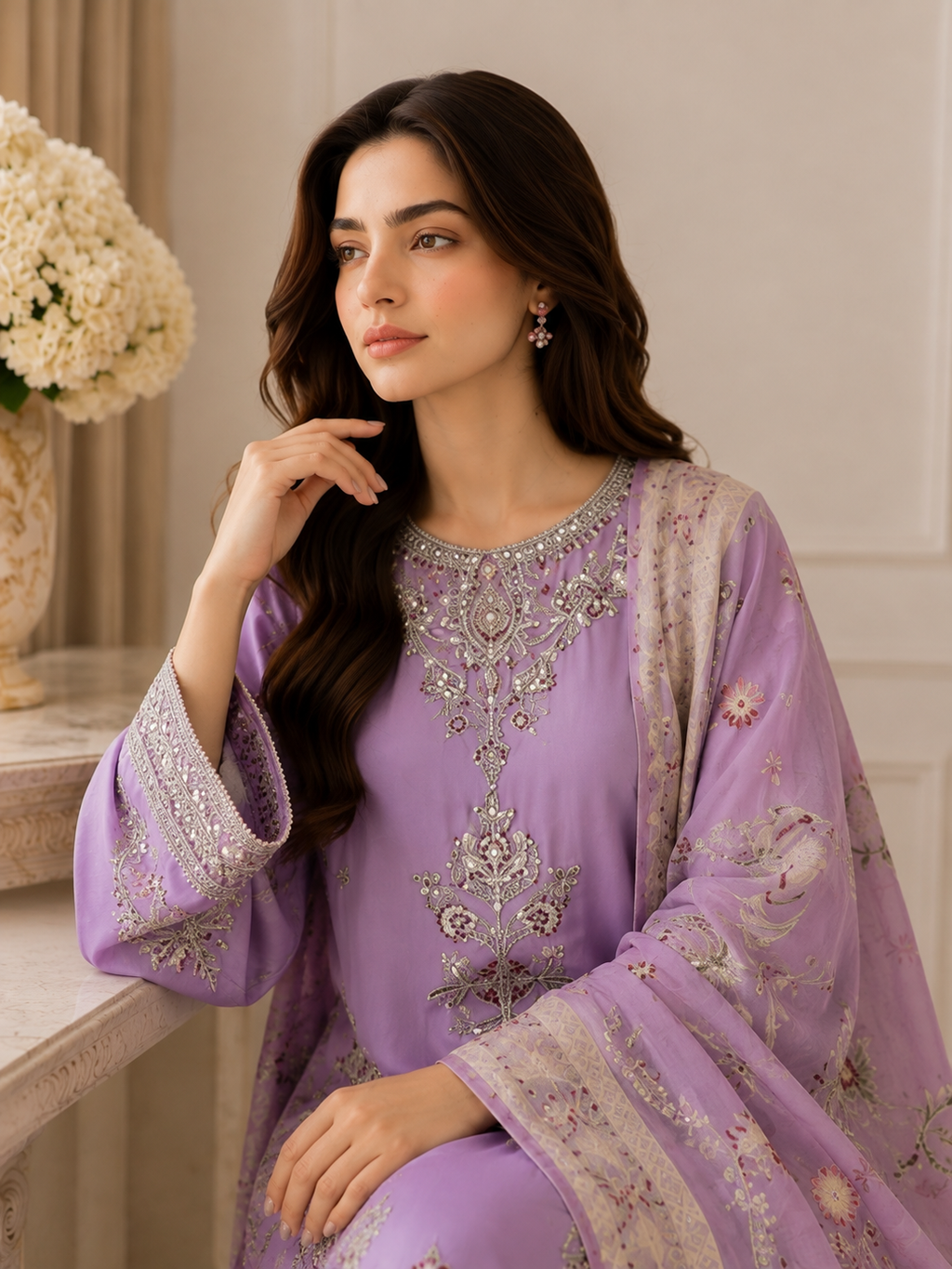 Embroidered Pure Cotton 3-Piece Suit | Tilla & Sequin Work with Digital Print Dupatta & Palazzo