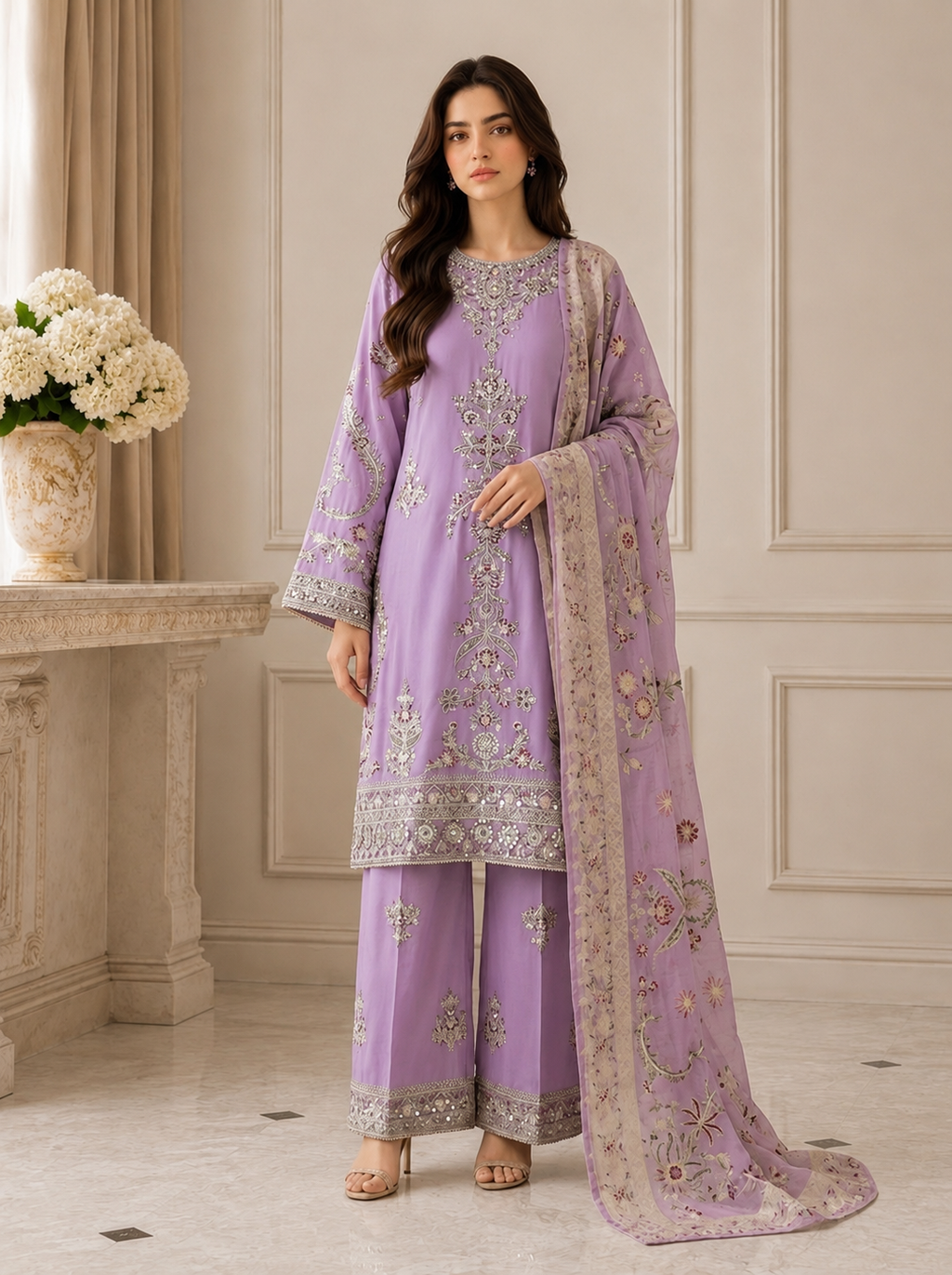 Embroidered Pure Cotton 3-Piece Suit | Tilla & Sequin Work with Digital Print Dupatta & Palazzo