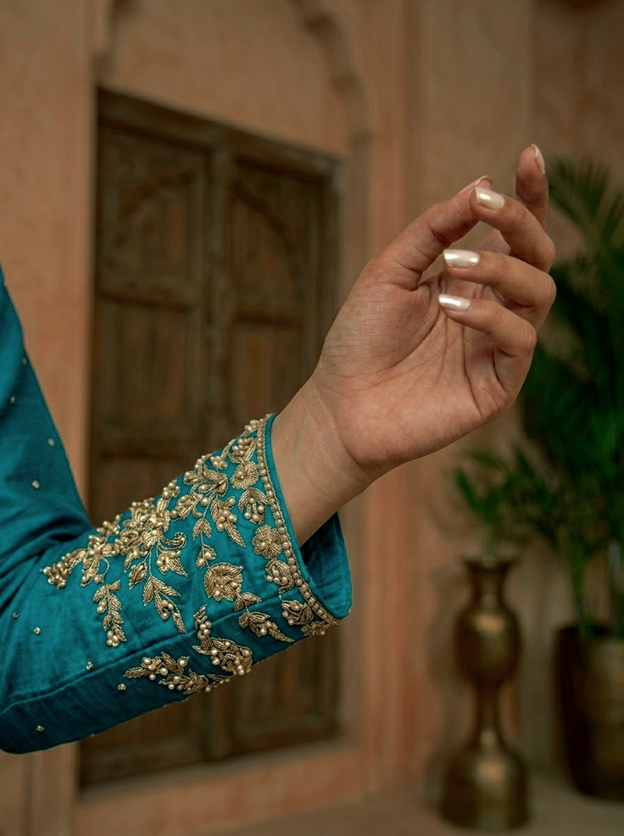Sea Green (Teal) Handcrafted Slub Silk Sharara | Luxury Pret | 3-Piece