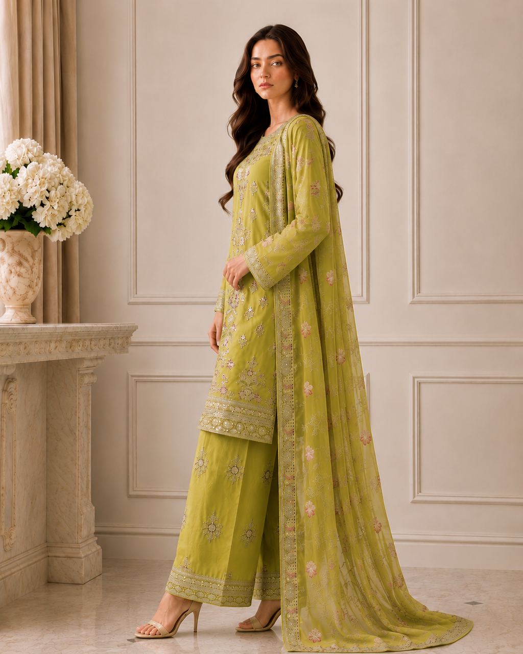Embroidered Pure Cotton 3-Piece Suit | Tilla & Sequin Work with Digital Print Dupatta & Palazzo