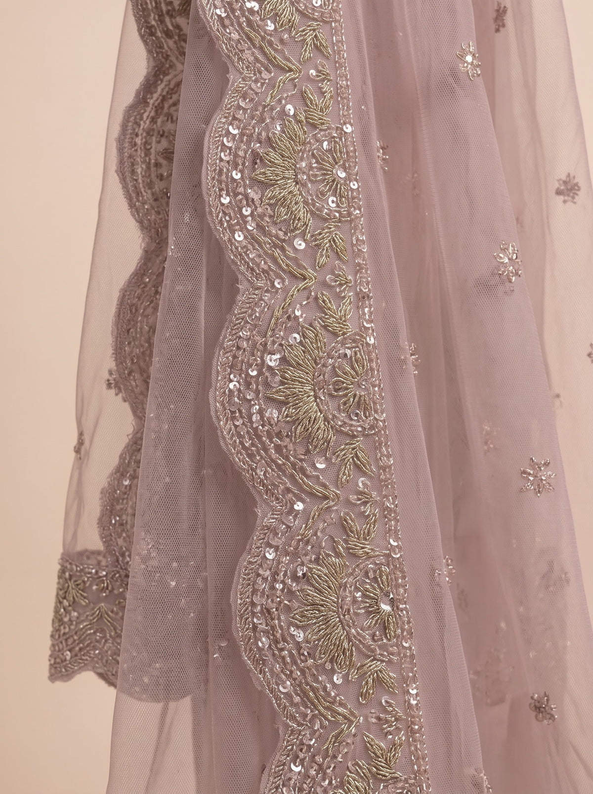 Dusty Rose (Tea Pink) Heavily Hand-Embroidered Chiffon 3-Piece Suit | Raw Silk Palazzo & Net Scalloped Dupatta⁠