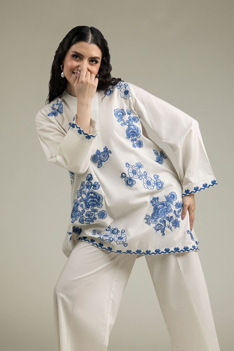 Khaadi | Floral Embroidered Cotton Co-Ord Set | Off-White