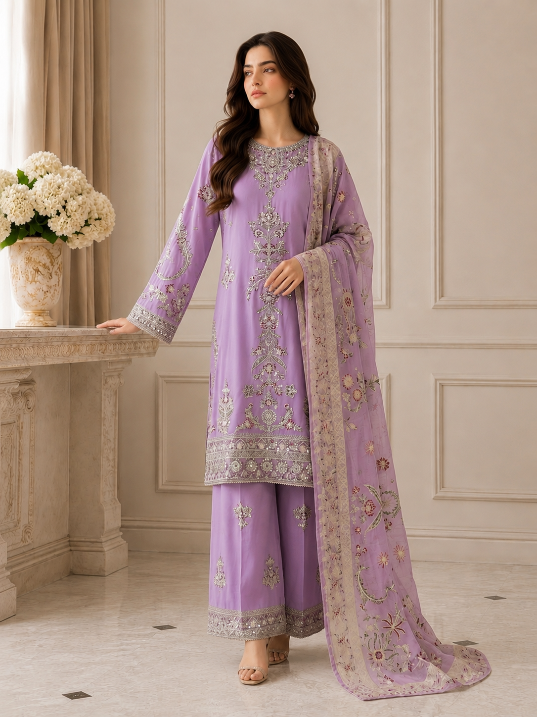 Embroidered Pure Cotton 3-Piece Suit | Tilla & Sequin Work with Digital Print Dupatta & Palazzo