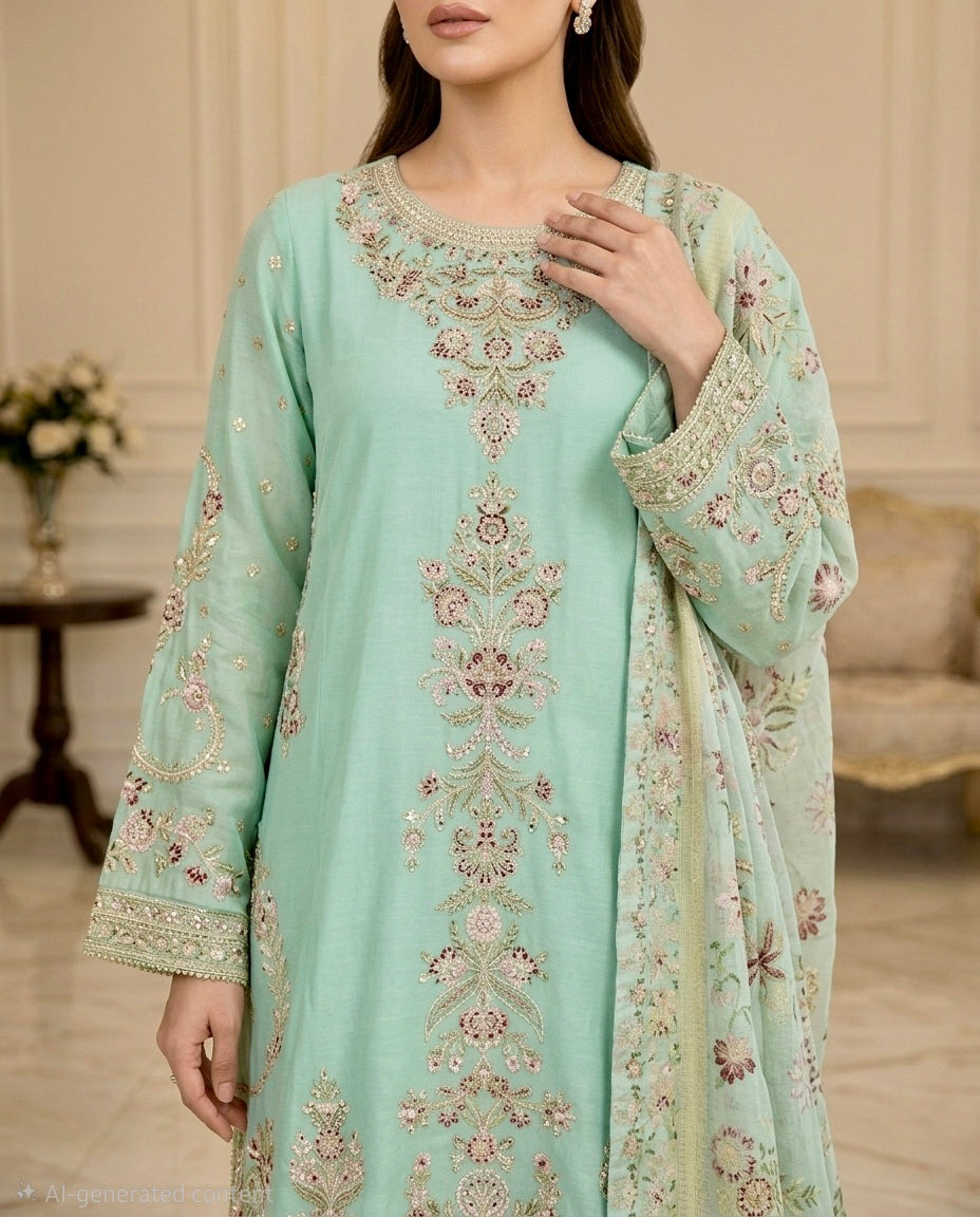 Embroidered Pure Cotton 3-Piece Suit | Tilla & Sequin Work with Digital Print Dupatta & Palazzo