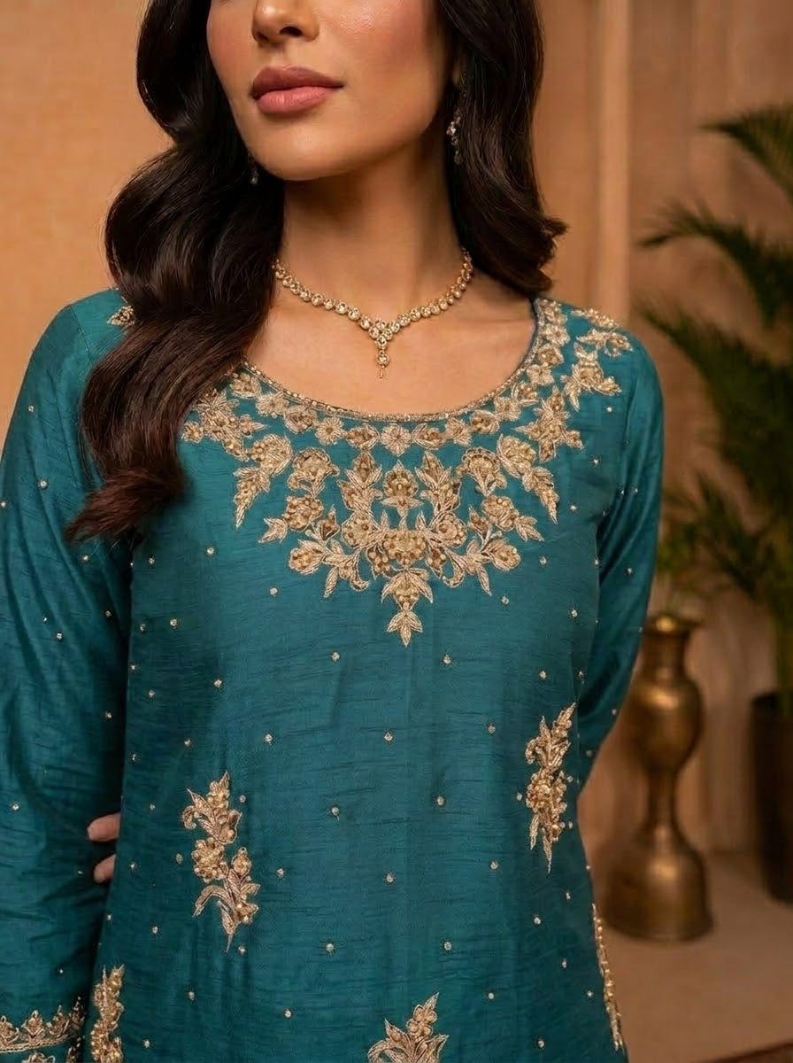 Sea Green (Teal) Handcrafted Slub Silk Sharara | Luxury Pret | 3-Piece