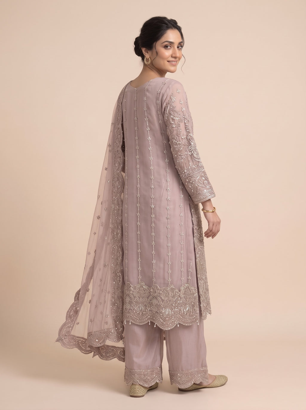 Dusty Rose (Tea Pink) Heavily Hand-Embroidered Chiffon 3-Piece Suit | Raw Silk Palazzo & Net Scalloped Dupatta⁠