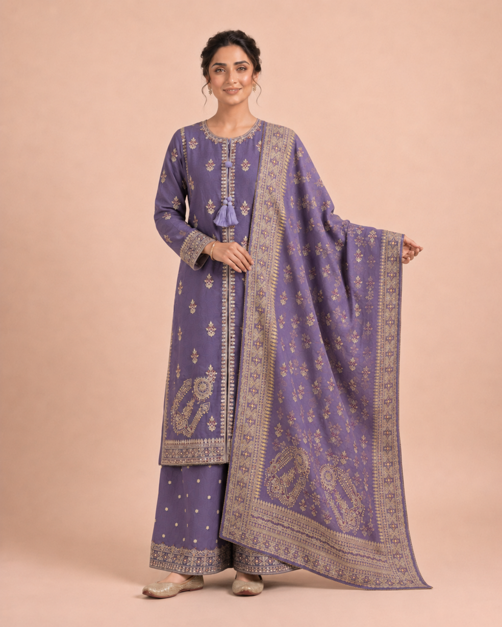 Embroidered Pure Cotton 3-Piece Suit | Flared Palazzo & Digital Print Chiffon Dupatta