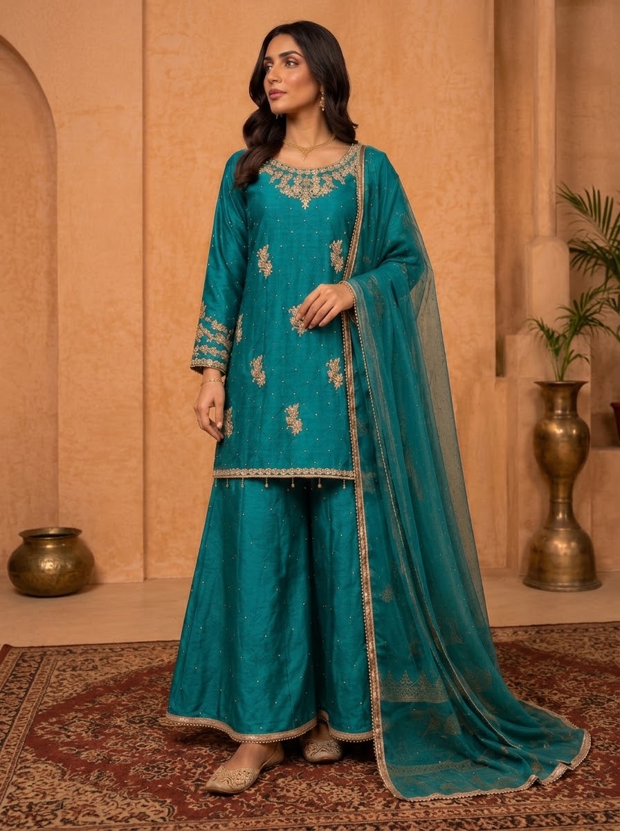 Sea Green (Teal) Handcrafted Slub Silk Sharara | Luxury Pret | 3-Piece