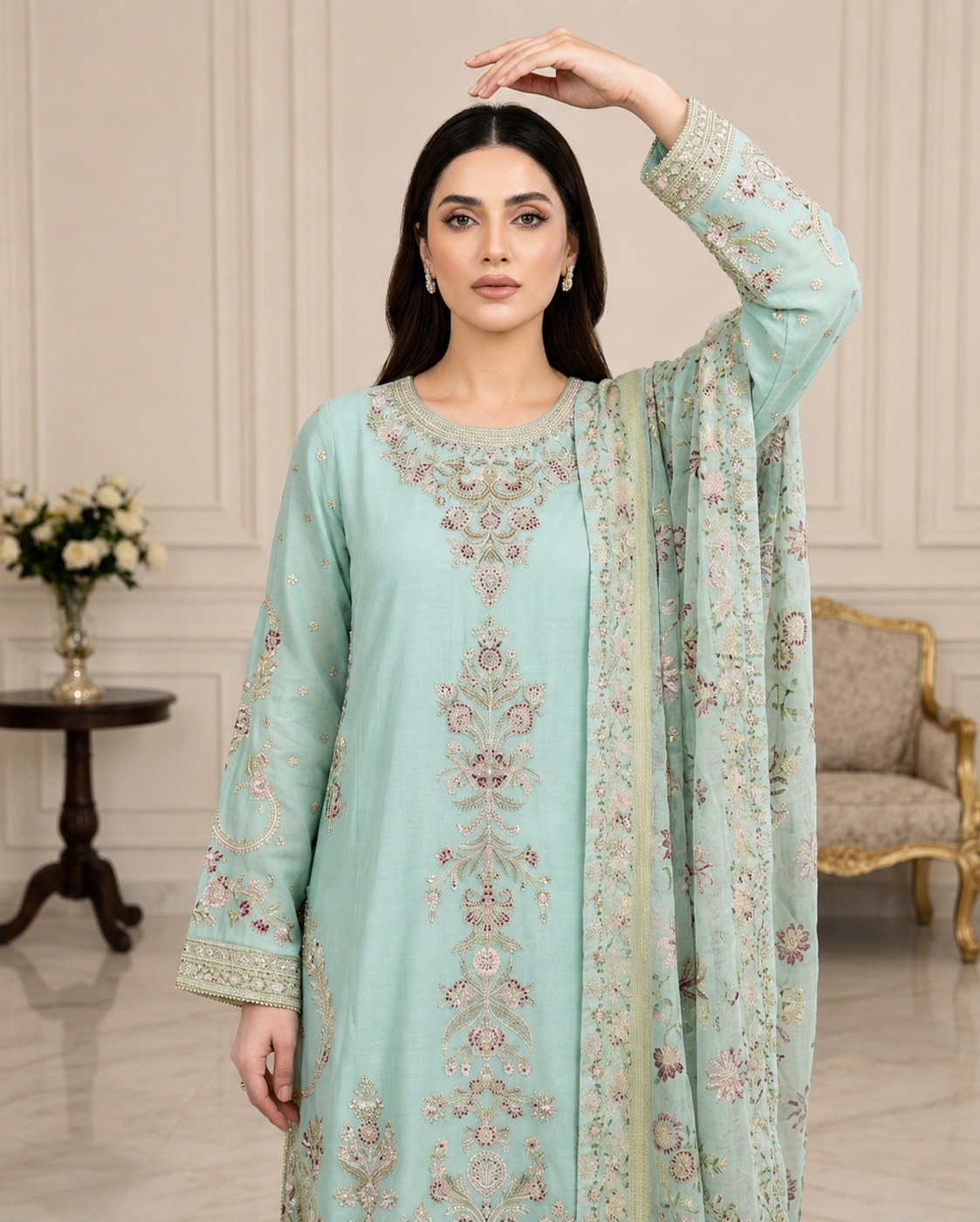 Embroidered Pure Cotton 3-Piece Suit | Tilla & Sequin Work with Digital Print Dupatta & Palazzo