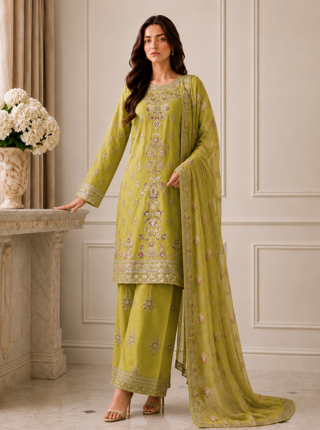Embroidered Pure Cotton 3-Piece Suit | Tilla & Sequin Work with Digital Print Dupatta & Palazzo