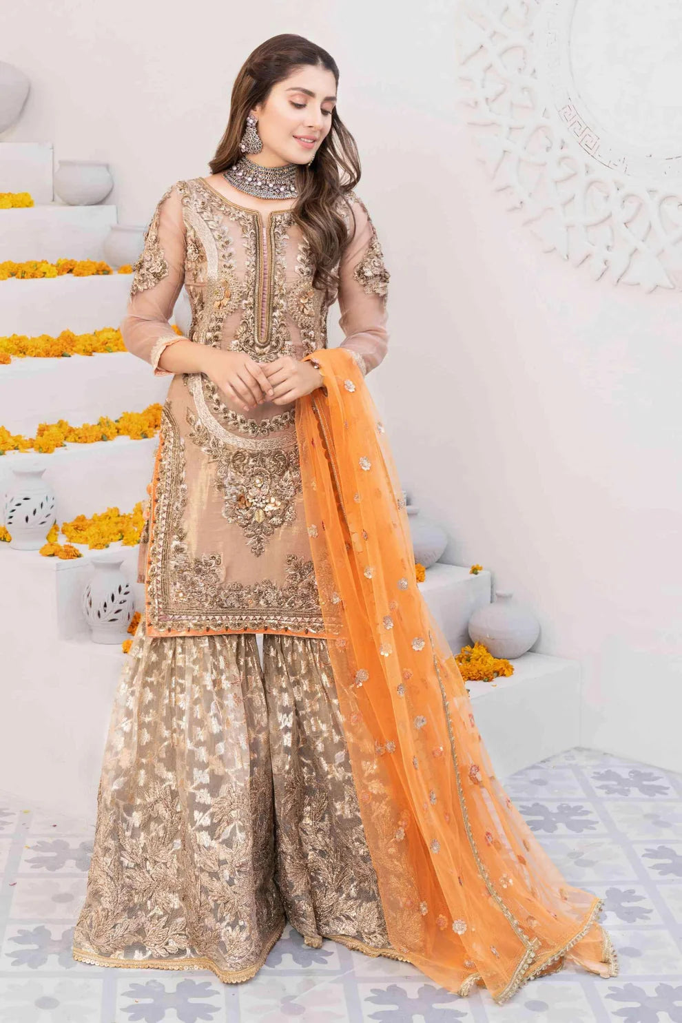 Gold Luxary Festive 3-Piece Mesuri Sharara Outfit