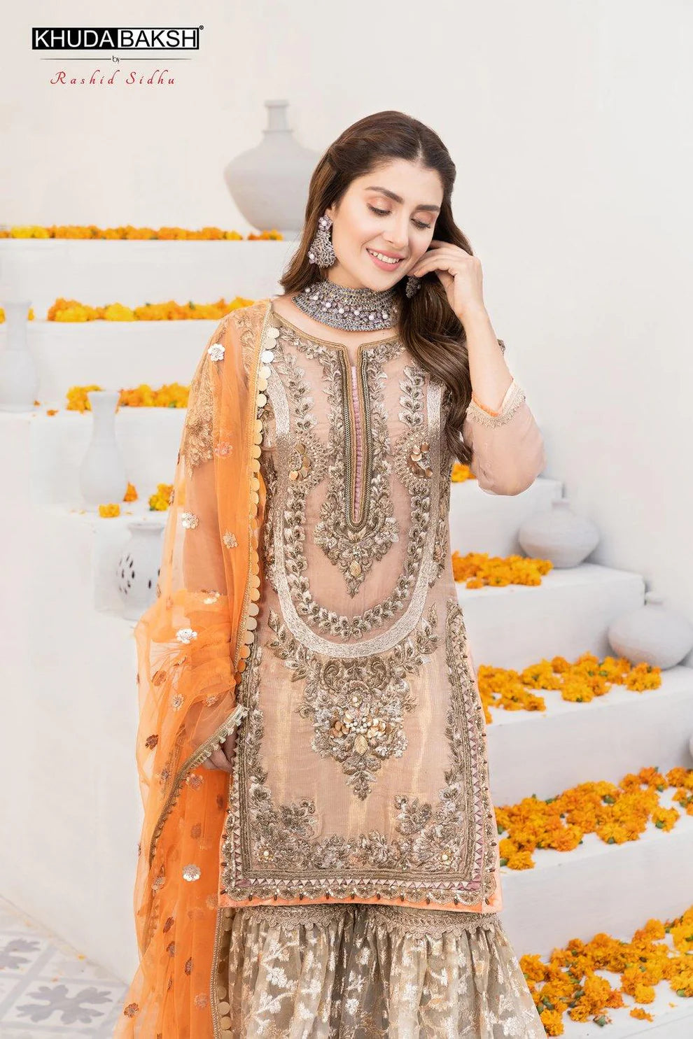 Gold Luxary Festive 3-Piece Mesuri Sharara Outfit