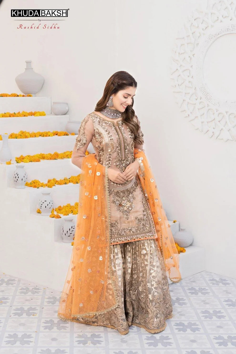 Gold Luxary Festive 3-Piece Mesuri Sharara Outfit