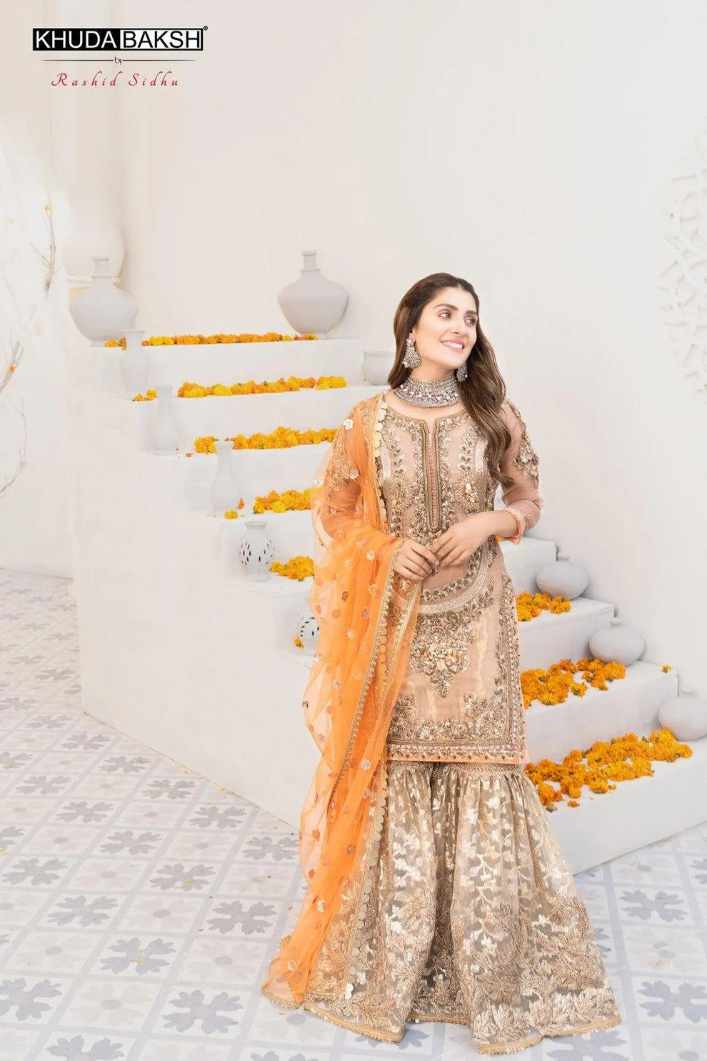 Gold Luxary Festive 3-Piece Mesuri Sharara Outfit