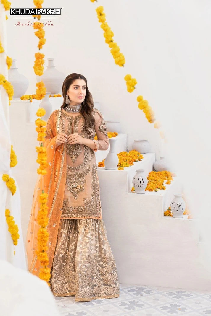 Gold Luxary Festive 3-Piece Mesuri Sharara Outfit
