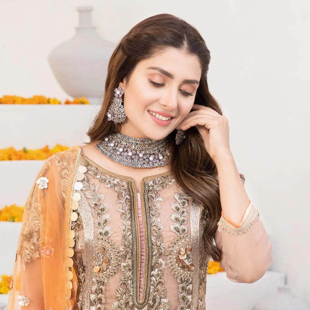 Gold Luxary Festive 3-Piece Mesuri Sharara Outfit